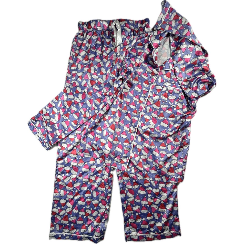 Preppy Goose Girls 14/16 Santa Hat Satin Pajama Set Christmas Holiday 2 Piece